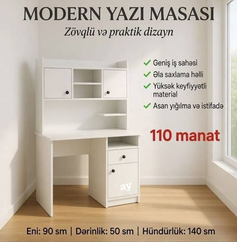 Modern yazı masası – zövqlü və praktik dizayn. Xüsusiyyətlər: - Geniş — Saatlı