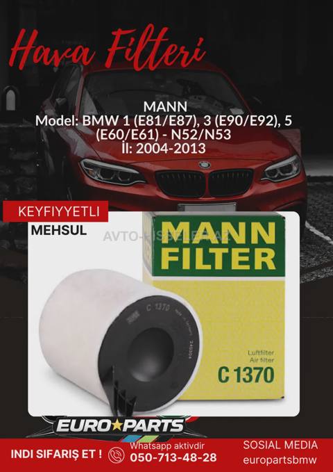 BMW 1 (E81 / E87) hava filteri Mann C1370 — 22.88 ₼ · Bakı · Avtomobil filtərləri BMW 1 (E81 / E87) hava filteri Mann C1370 — Bakı