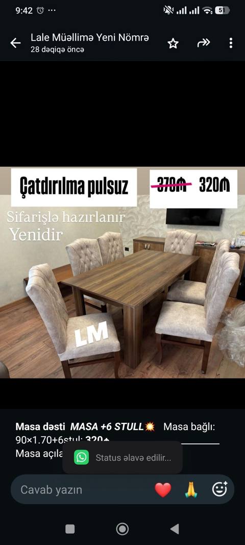 *Masa dəsti* _*Masa +6 Stull Masa bağlı: 90×1.70+6stul: *320₼* — Bakı