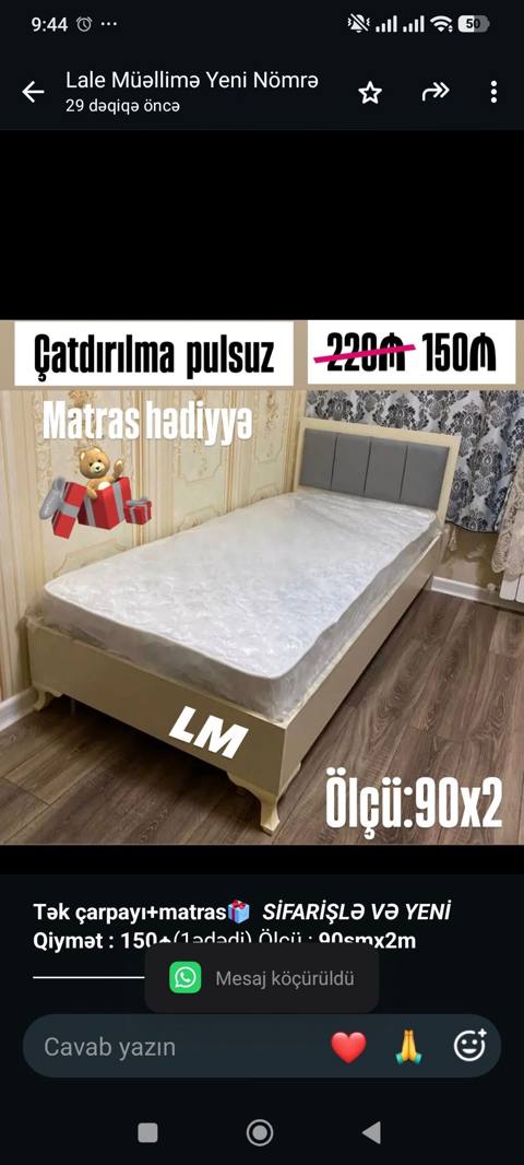 *Tək çarpayı+matras _*Sifarişlə VƏ Yeni*_ *Qiymət 150₼*(1ədədi) — Bakı