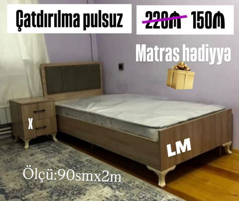 Tək nəfərlik taxt çarpayı dəsti - Ölçü: 90 sm x 2 m - Material: ağac — Баку