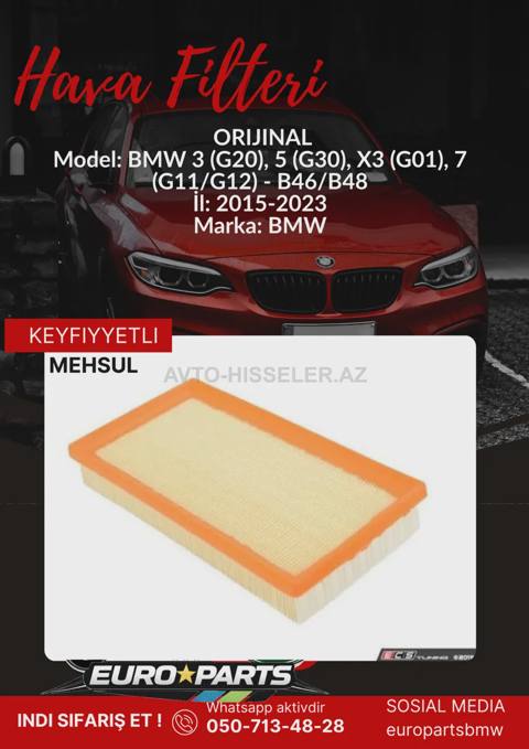 BMW 3 (G20) hava filteri Orıjınal — 39.28 ₼ · Bakı · Avtomobil filtərləri BMW 3 (G20) hava filteri Orıjınal — Bakı