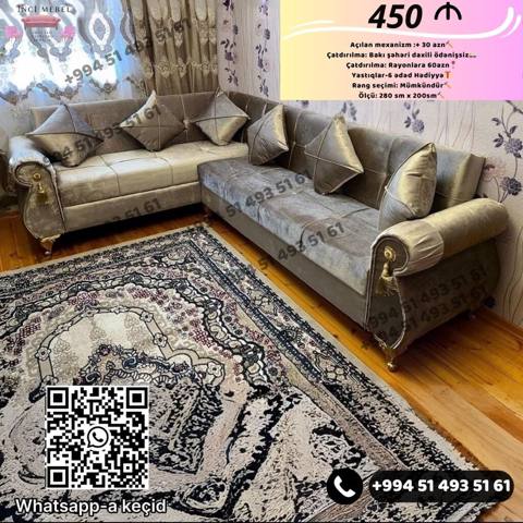 Künc divan dəsti – klassik dizayn, yumşaq və parlaq parça üzlüklə — Bakı