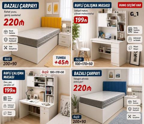 Bazalı çarpayı və rəfli çalışma masası dəsti Bazalı çarpayı - Ölçü — Дигях