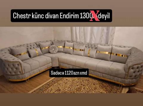 Chester künc divan - Rəng: açıq boz - Dizayn: klassik Chester üslubu — Баку