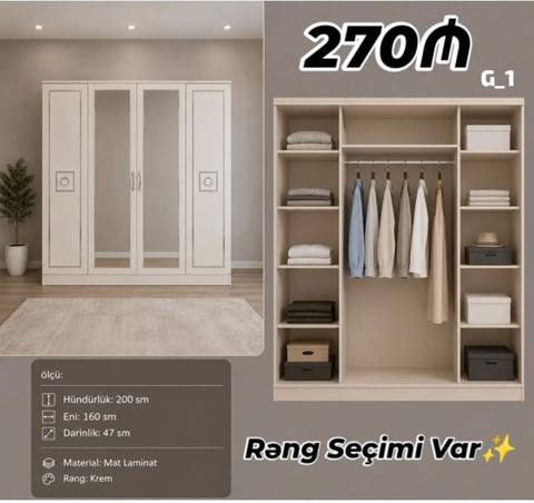 G_1 model geyim dolabı - Ölçülər: Hündürlük 200 sm, En 160 sm — mebel_divan_sifarisle_ugur — Wardrobes