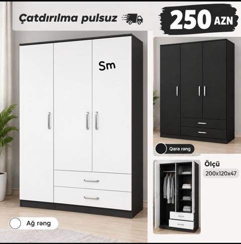 3 qapılı paltar şkafı - Rənglər: ağ və qara - Ölçü: 200 x 120 x 47 sm — Баку