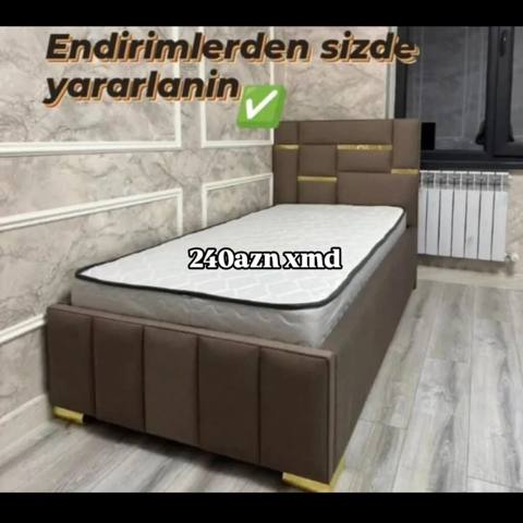 Tək nəfərlik müasir dizaynlı çarpayı və döşək dəsti. - Rəng: qəhvəyi — Баку