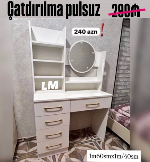 Ağ rəngdə funksional makiyaj/iş masası. Xüsusiyyətlər: - Üst hissədə — Баку