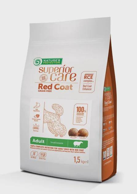 Nature’s Protection Superior Care Red Coat Grain Free Adult Small Breeds with Lamb, qırmızı tüklü yetkin itlər üçün taxılsız quru yem, 1,5 kq — Bakı
