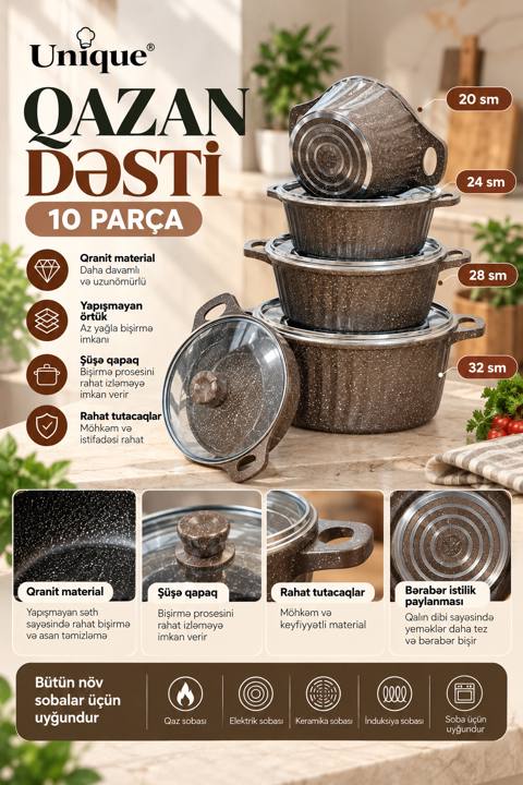 Qazan dəsti Unique, qranit, 20/24/28/28/32 sm, 10 parça, qəhvəyi — 198.99 ₼ · Bakı · Mallar Qazan dəsti Unique, qranit, 20/24/28/28/32 sm, 10 parça, qəhvəyi — Bakı