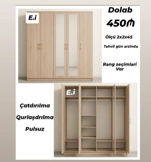 Dolab – 450 Ölçü: 2x2x45 Dizayn: 4 qapılı, ortada 2 ədəd güzgülü — Baku