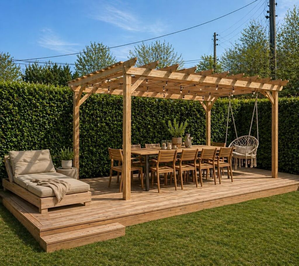 Bağ/pergola qurulumu – taxta konstruksiya və açıq hava istirahət — Mebel, Digah