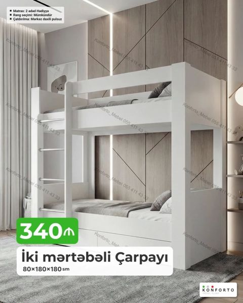İki mərtəbəli çarpayı — 80×180×180 sm - Kompakt dizayn: iki nəfərlik