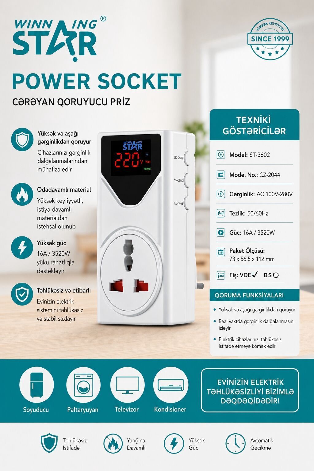 Winning Star ST-3602 cərəyan qoruyucu priz - Gərginlikdən mühafizə — Elektronika, Bakı