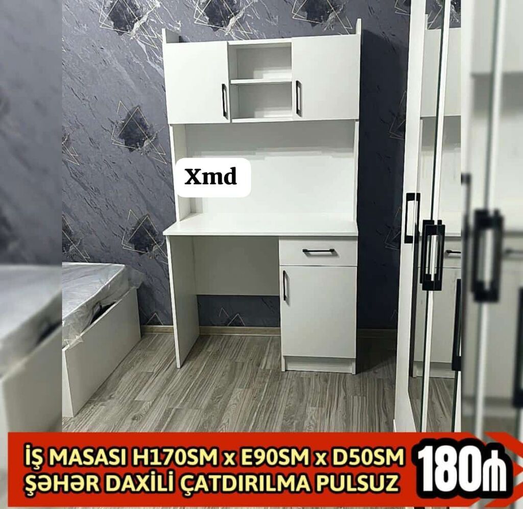 İş masası — ağ, 170×90×50 sm, üst dolablı və çekmeceli