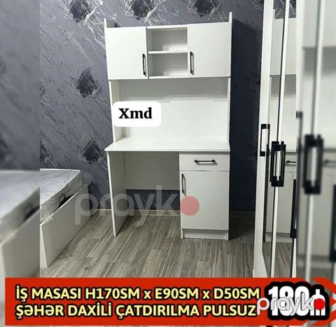 İş masası — ağ, 170×90×50 sm, üst dolablı və çekmeceli