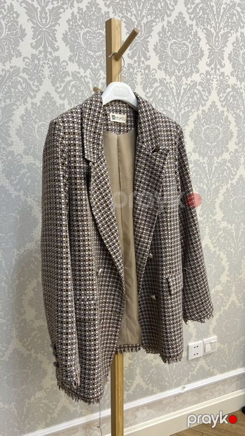 Qadın tweed bleizer - Klassik xaki-qəhvəyi-ağ rəngli xallı/tartan — Bakı