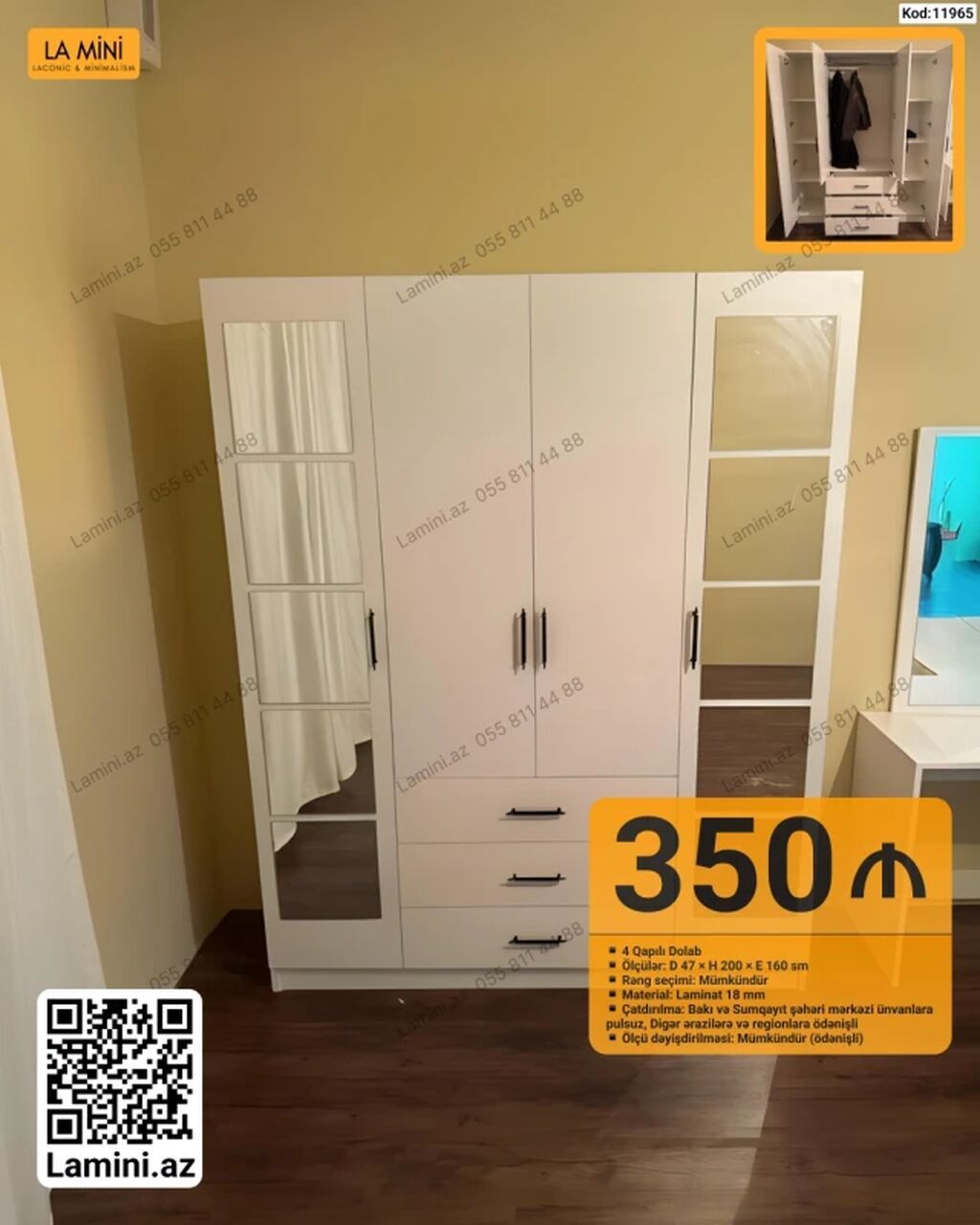 4 qapılı dolab – Kod: 11965 Xüsusiyyətlər: - Ölçülər: Dərinlik 47 sm — Mebel, Bakı