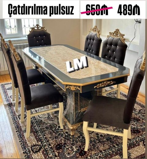 Klassik üslubda yemək dəsti - Dəst: 1 masa + 6 stul - Masa: mərmər