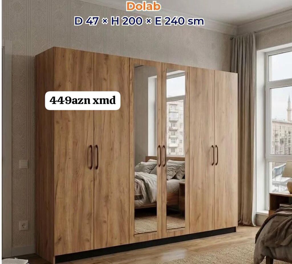 Dolab – D 47 × H 200 × E 240 sm - 4 qapılı geniş geyim dolabı - Təbii — Mebel, Masazır