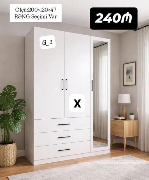 Yataq otağı və qonaq otağı üçün uyğun, güzgülü 3 qapılı paltar şkafı