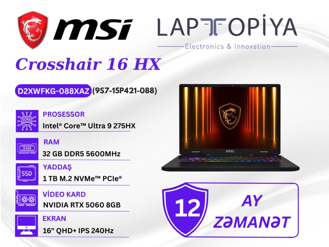 MSI Crosshair 16 HX D2XWFKG-088XAZ 9S7-15P421-088 — Elektronika, Bakı