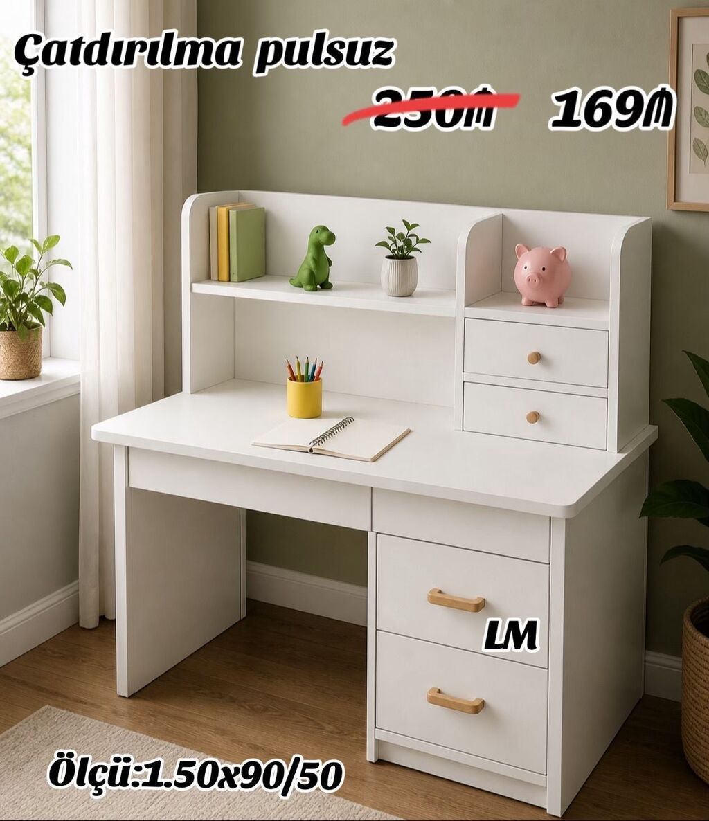 Uşaq/iş masası – çoxfunksiyalı, ağ rəngdə - Ölçü: 1.50 x 90 x 50 sm - — Mebel, Mehdiabad