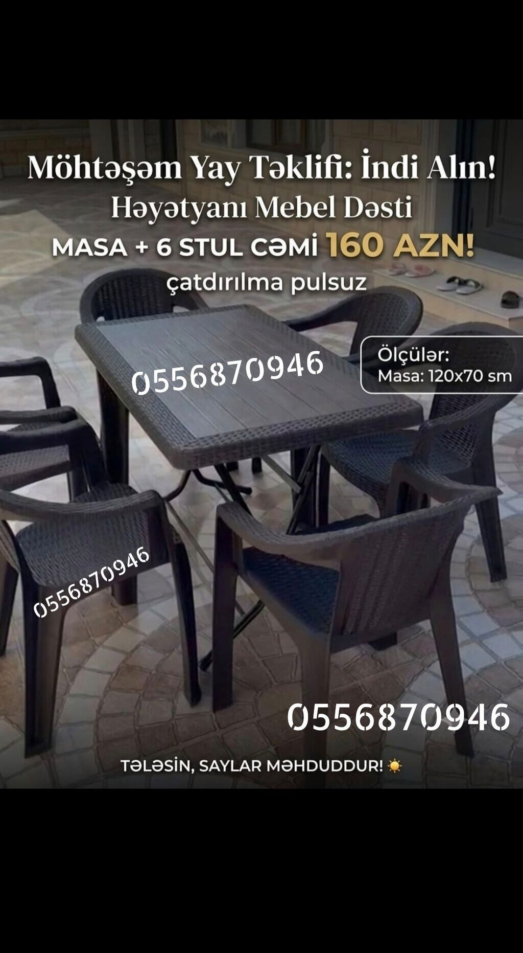 Yeni, Dördbucaq masa, 6 stul, Açılmayan, Stullar ilə, Plastik, Türkiyə — Mebel, Bakı (9)