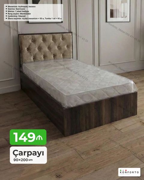 Çarpayı – 90×200 sm • Model: mexanizmsiz, bazasız • Şifon