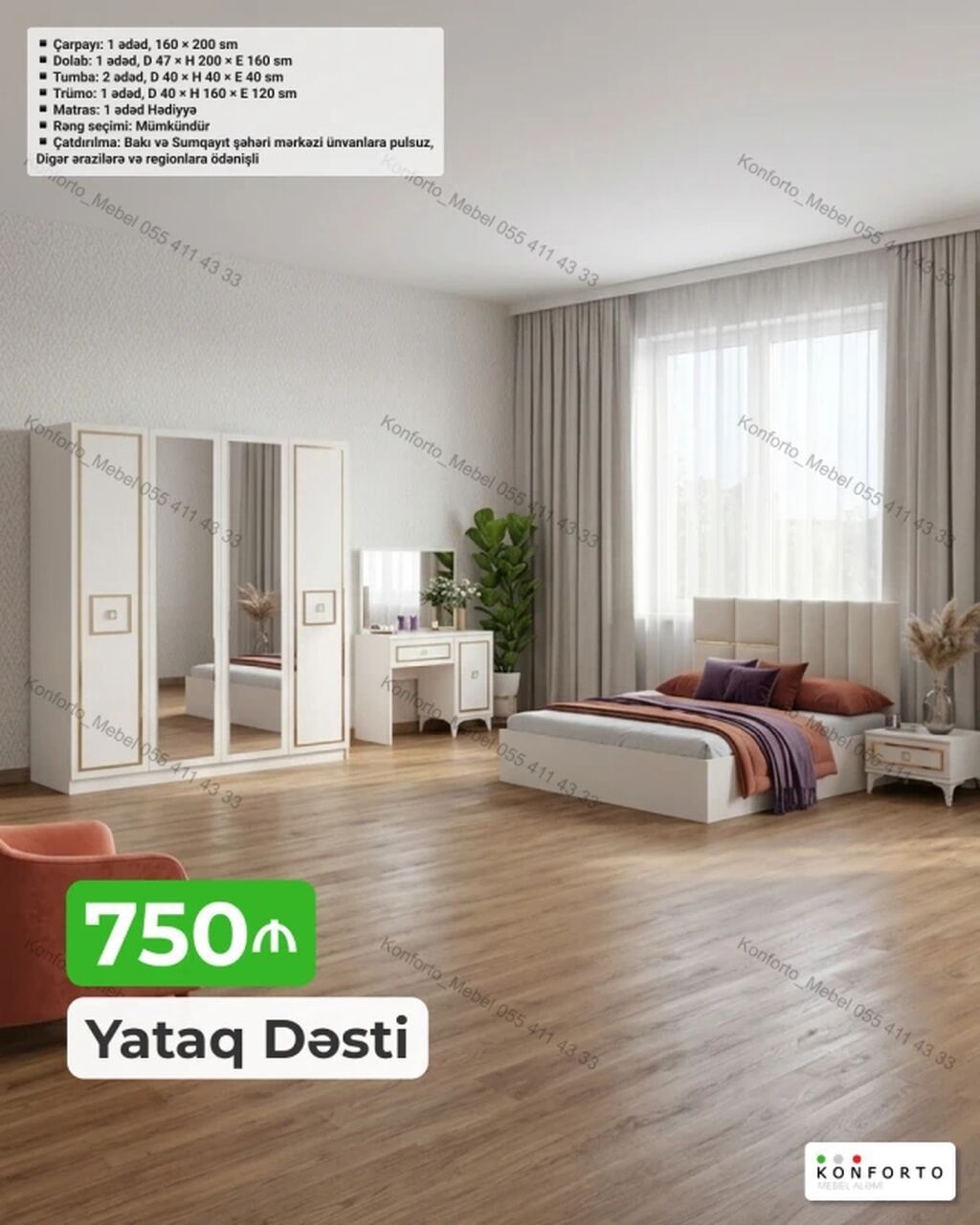 Yataq Dəsti – 750 ₼ Tərkibi və ölçülər: - Çarpayı: 1 ədəd, 160 × 200