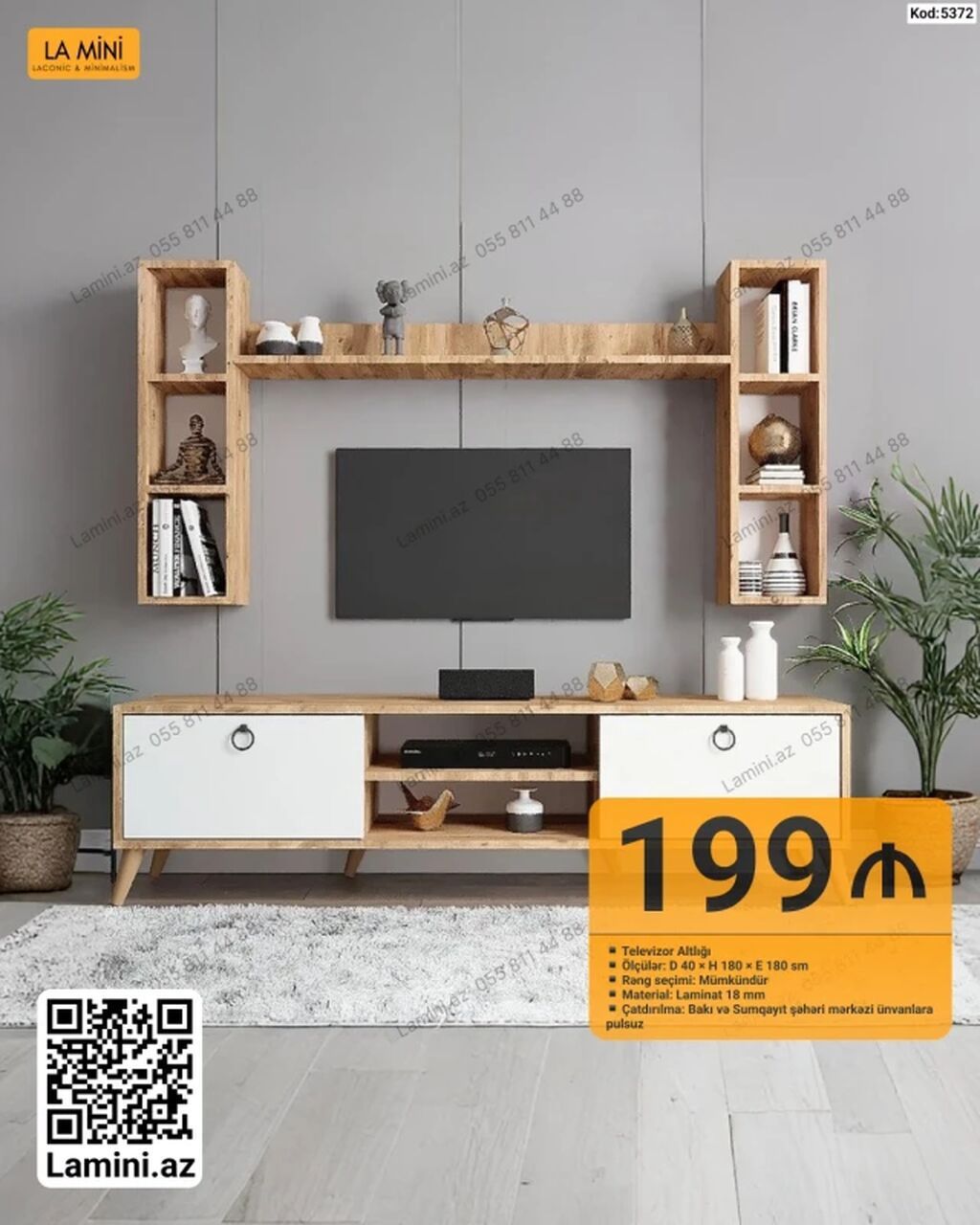 TV altlığı və divar rəfli dəst - Ölçülər: D 40 sm × H 180 sm × E 180 — Mebel, Bakı