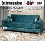 Müasir dizaynlı açılan divan – baza ilə - Rəng: firuzə/teal məxməri — Mebel