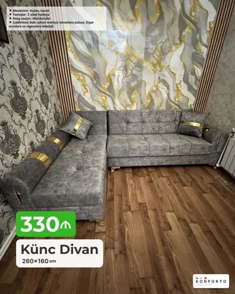 Künc divan – 260×160 sm – Mexanizm: açılan, bazalı (yataq funksiyası — Konforto Mebel — Divanlar