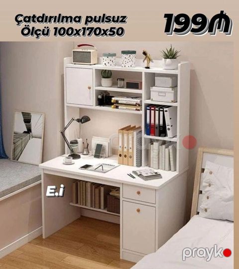 Ağ rəngdə funksional iş/oxu masası və üst rəf modulu - Ölçü: 100 x