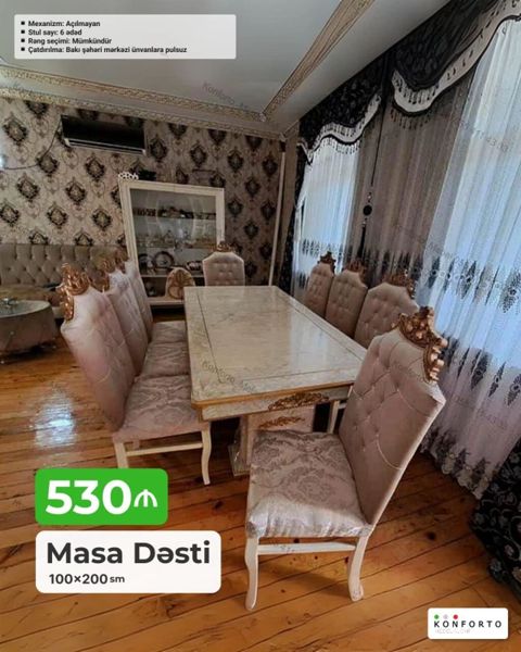 Məhsul: Masa Dəsti Ölçü: 100×200 sm Qiymət: 530 ₼ Xüsusiyyətlər