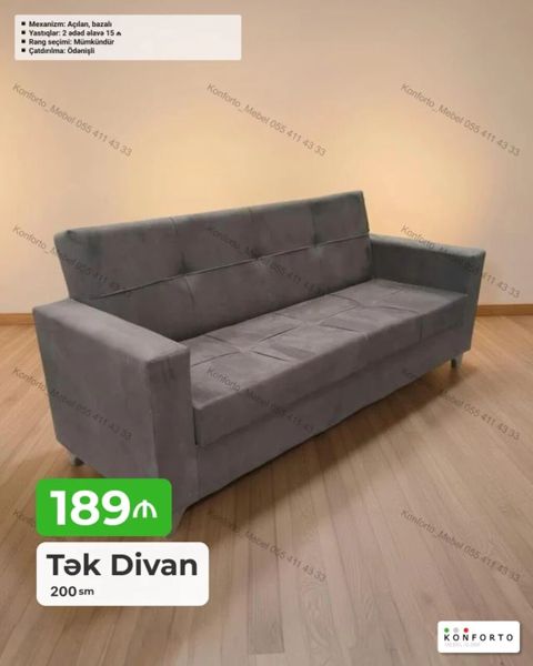 Tək Divan – 200 sm - Mexanizm: açılan, bazalı (yataq funksiyalı, içi