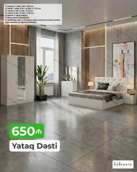 Yataq Dəsti – 650 ₼ Dəst tərkibi və ölçülər: - Çarpayı: 1 ədəd, 160 × — Konforto Mebel — Bedroom furniture sets