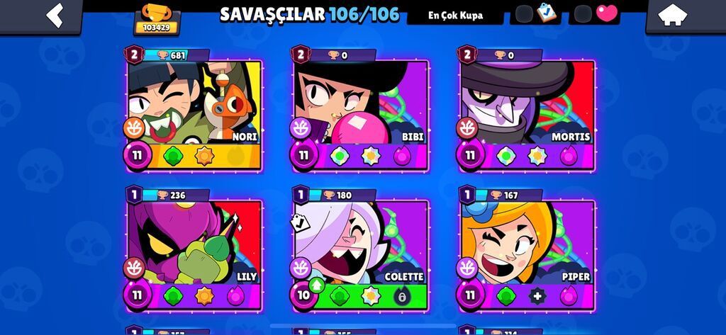 Brawl Stars hesabı – yüksək səviyyəli və tam kolleksiya - Kupa: 103 — Mallar, Şəki (4)