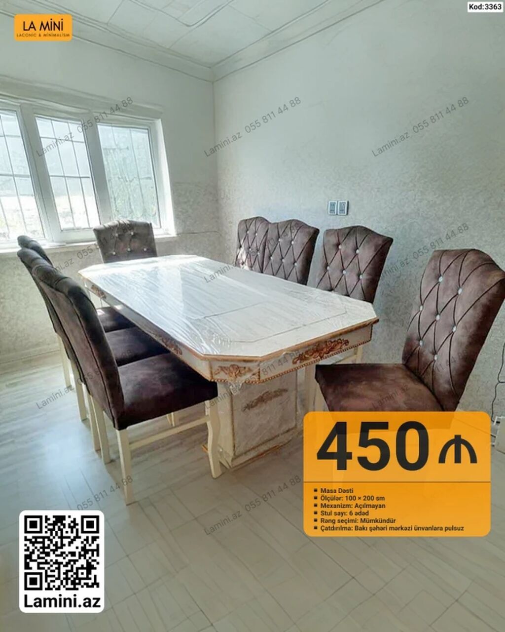 Masa dəsti - Dəst: Masa + 6 ədəd stul - Masa ölçüsü: 100 × 200 sm -