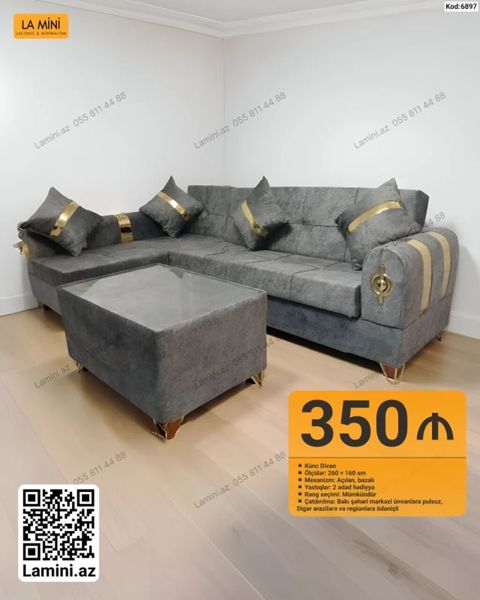 Məhsul: Künc divan + puf/oturacaq Xüsusiyyətlər: - Ölçülər: 260 160 — Bakı