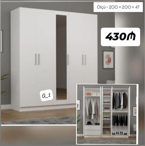 Ağ rəngli 5 qapılı paltar şkafı - Ölçü: 200 × 200 × 47 sm (şəkildə