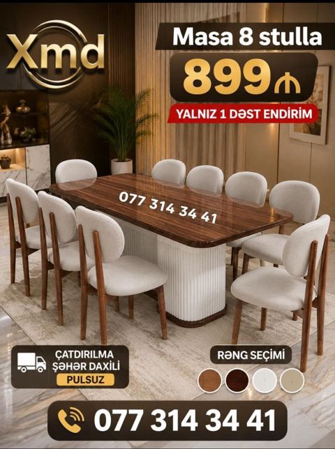 Masa və 8 ədəd stul dəsti - Dəst: 1 ədəd geniş yemək masası + 8 ədəd — Xırdalan