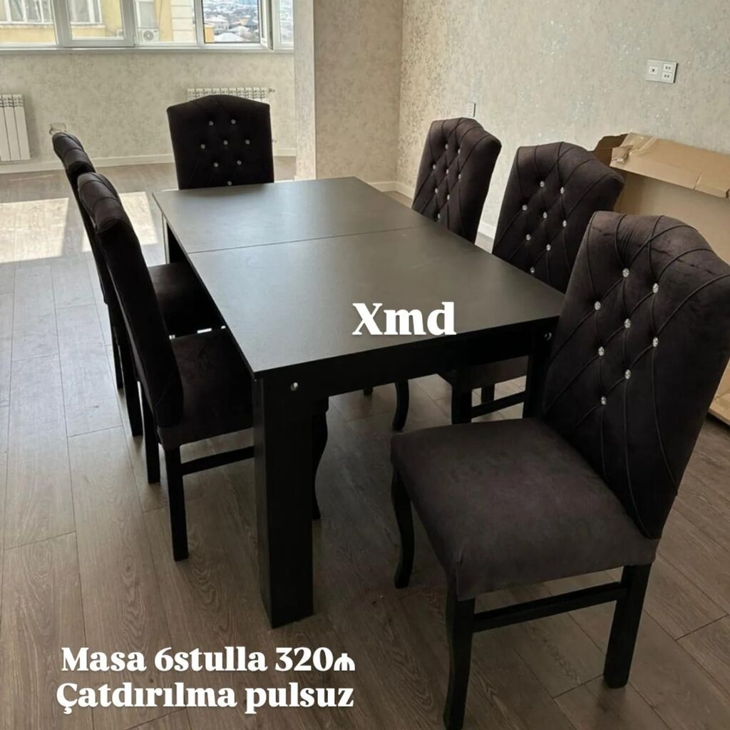 - Yemək otağı dəsti: masa + 6 stul - Rəng: qara (stullar tünd rəng — Mebel, Xırdalan