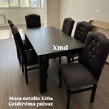 - Yemək otağı dəsti: masa + 6 stul - Rəng: qara (stullar tünd rəng — Mallar