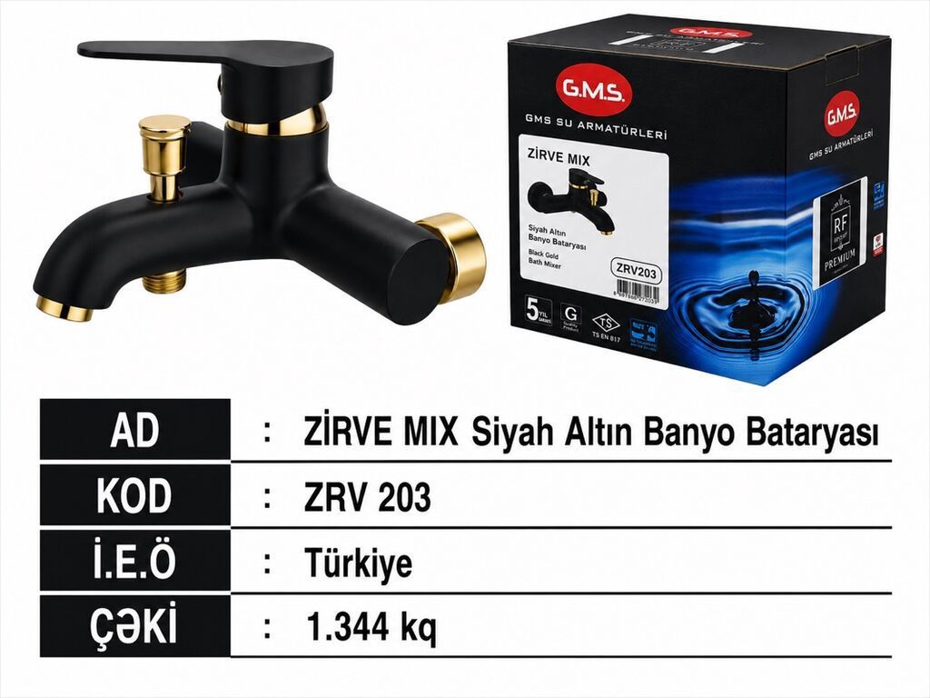 Məhsul: G.M.S ZİRVE MIX Siyah Qızılı Banyo Bataryası - Model/Kod: ZRV — Santexnika, Qobu