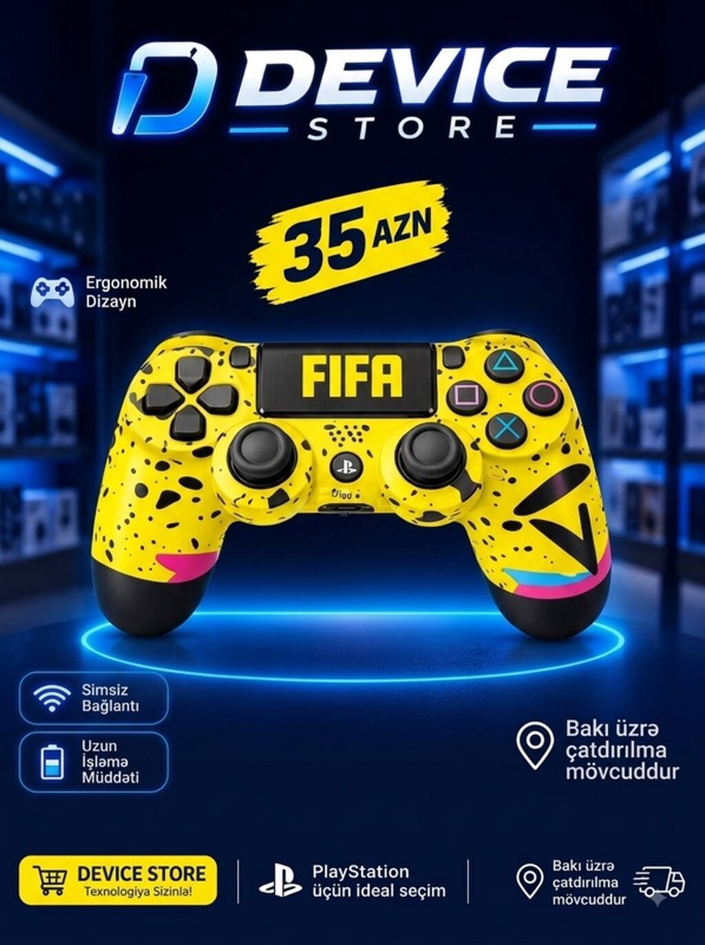 PlayStation üçün simsiz oyun kontrolleri – sarı rəngdə xüsusi dizayn