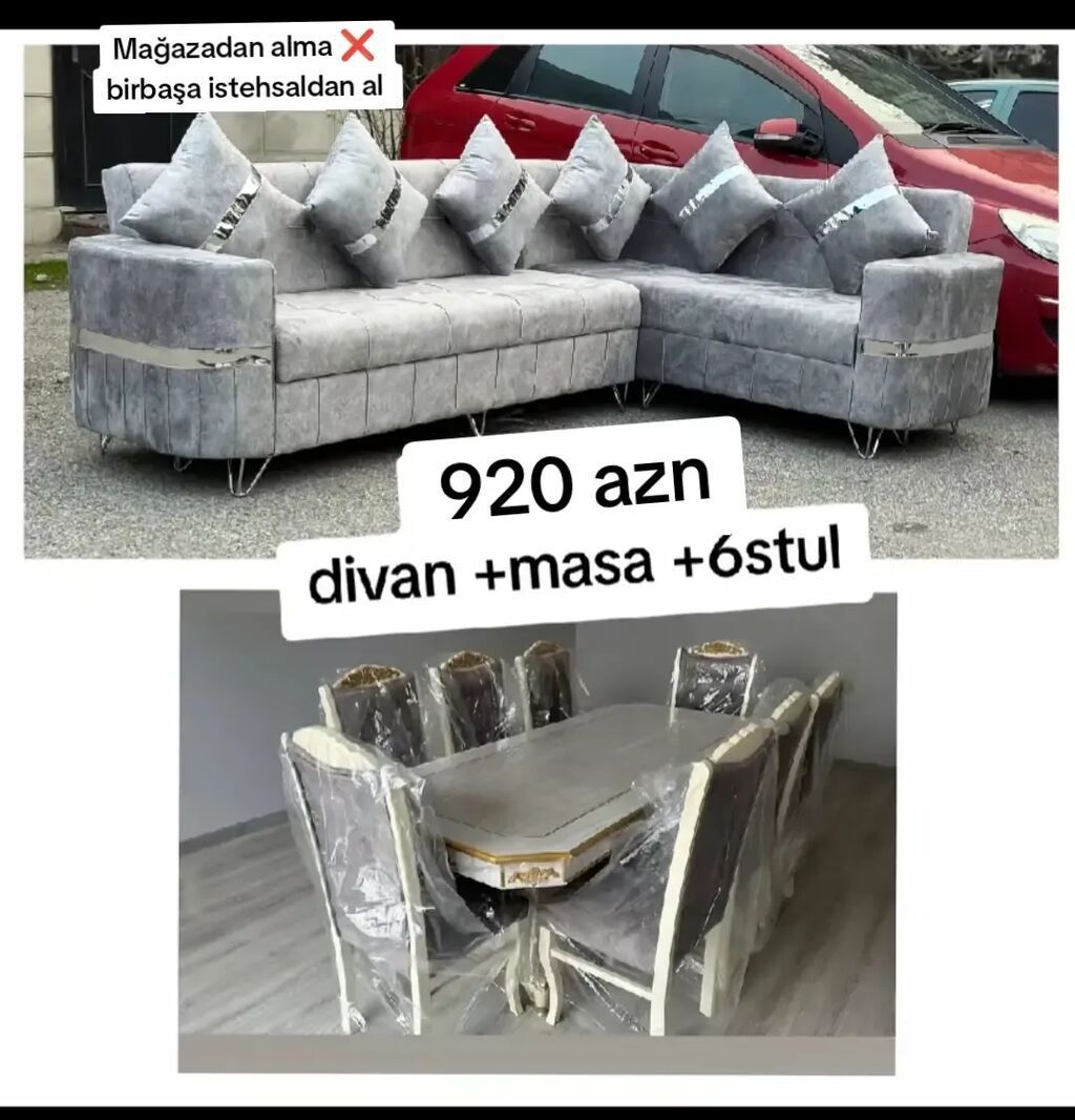 Mebel dəsti: divan + masa + 6 stul - Künc divan: boz rəngli, yumşaq