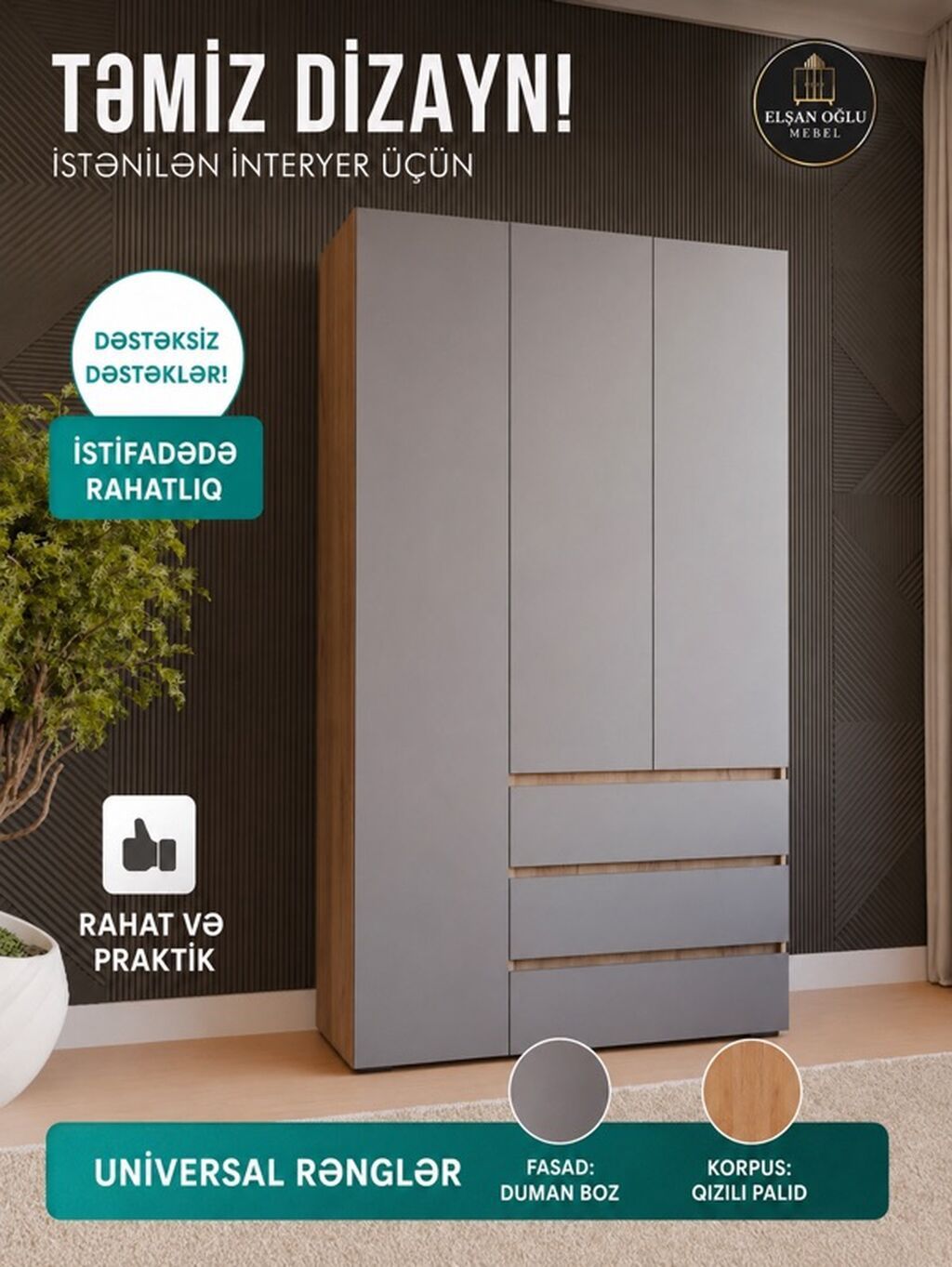 Minimalist üçqapılı şkaf – istənilən interyer üçün təmiz dizayn -