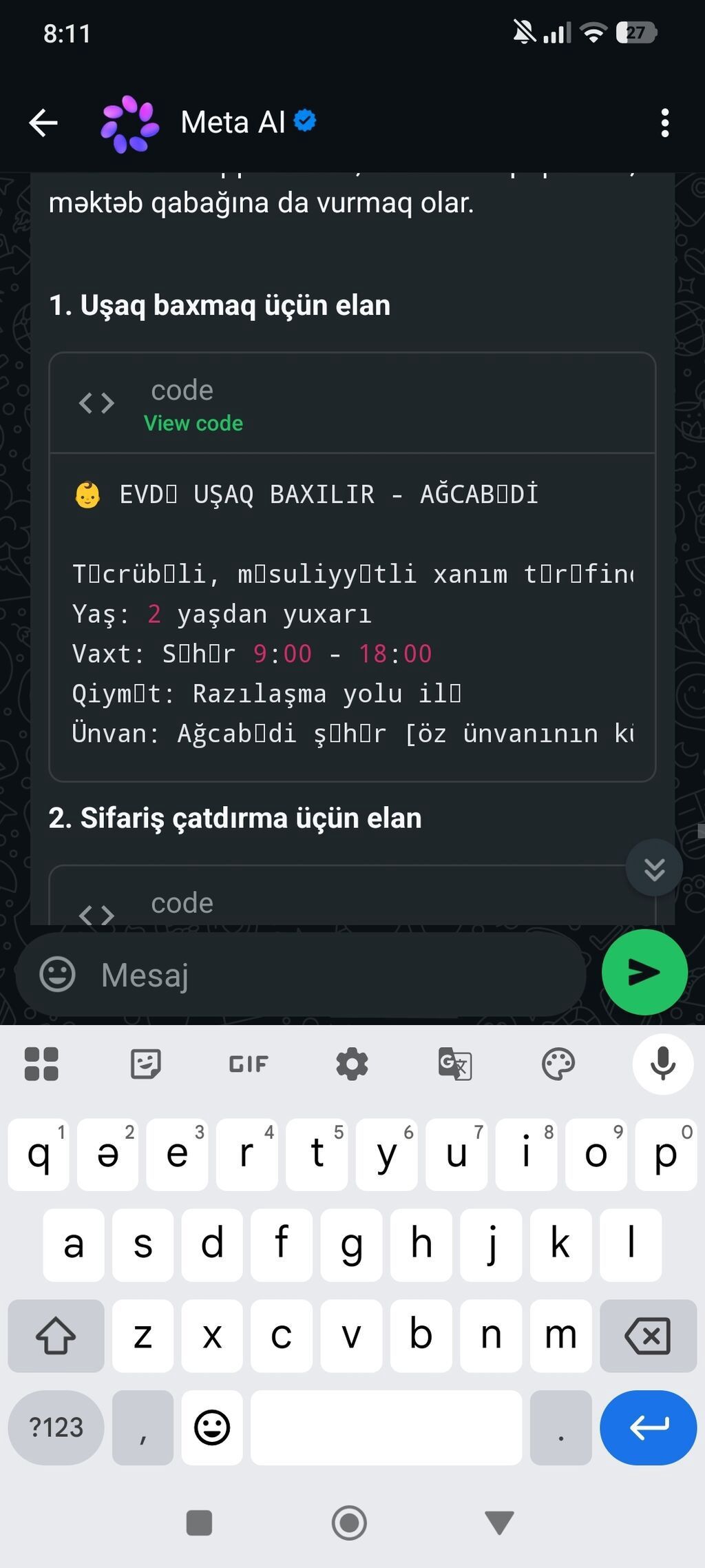 Uşaq baxımı xidməti – Ağcabədi - Evdə peşəkar uşaq baxımı - — Xidmətlər, Ağcabədi